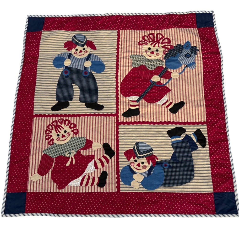 Vtg Raggedy Ann Andy Applique Baby Quilt 35x35 Cottagecore Americana Blanket
